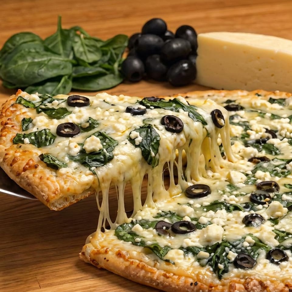 Cheesy spinach and black olive pizza slice lifted from a whole pizza on a wooden board, with olives, spinach, and cheese nearby.