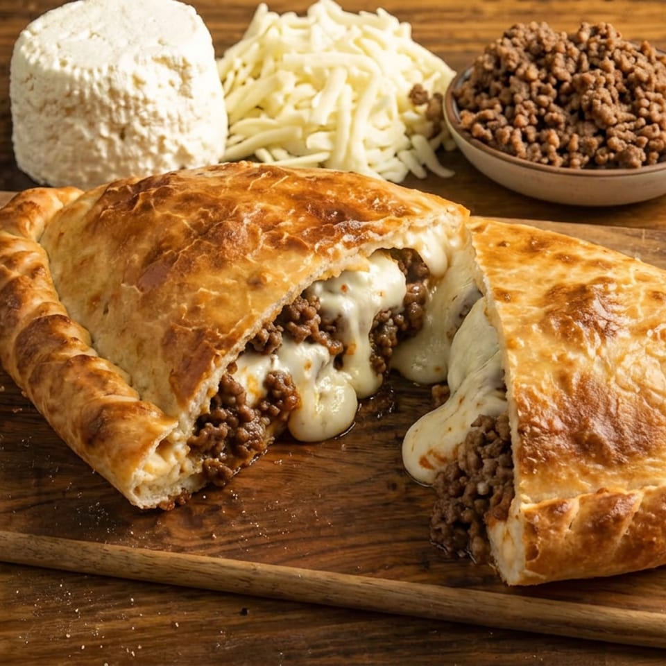 Golden-brown calzone stuffed with seasoned ground beef and melted cheese on a floured wooden cutting board, with ingredients behind it.