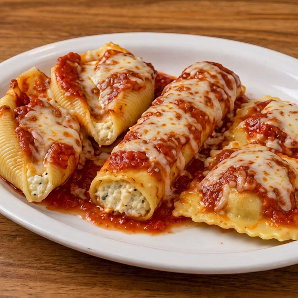 Italian pasta assortment with stuffed shells, manicotti, and ravioli topped with marinara sauce and melted cheese on a white plate.