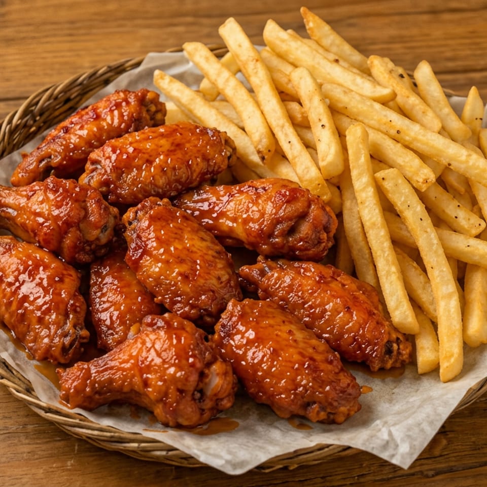 Basket of glossy sauced chicken wings and golden French fries on parchment-lined wicker tray atop a wooden table.