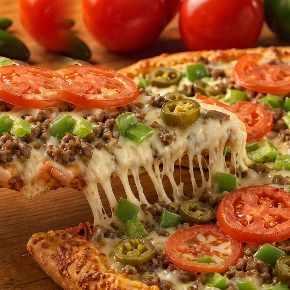 Cheesy meat pizza topped with tomato slices, green peppers, and jalapeños, with a slice lifted over a wooden table.
