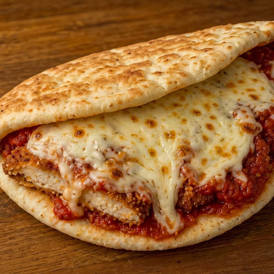 Toasted flatbread sandwich filled with crispy chicken, tomato sauce, and melted cheese on a wooden table.