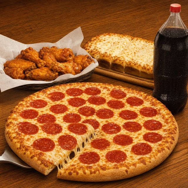 #7 Large 1-Topping Pizza, 10 Wings, Garlic Bread with Cheese & 2-Liter Soda.