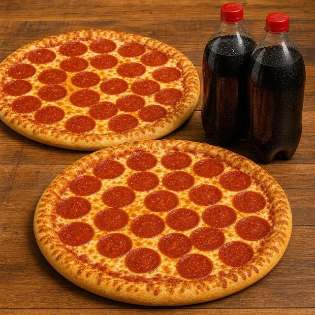 #17 Two Party Size 1-Topping Pizzas & Two 2-Liter Sodas.