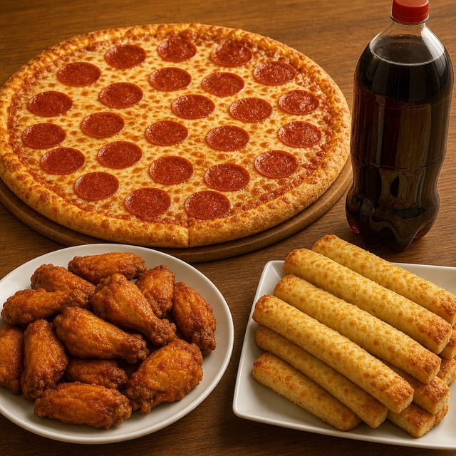 #12 Party Size 1-Topping Pizza, 20 Wings, Breadsticks or Cheese Bread & 2-Liter Soda.