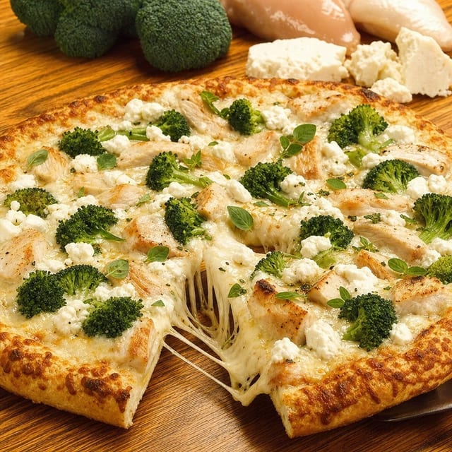 Chicken & Broccoli Pizza.