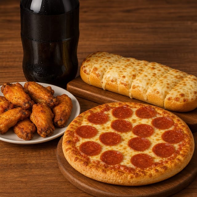 #3 Small 1-Topping Pizza, 10 Wings, Garlic Bread with Cheese & 2-Liter Soda.