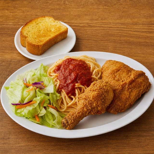 Fried Chicken Dinner With Spaghetti.